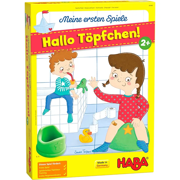 HABA 305485 - Meine ersten Spiele – Hallo Töpfchen! – kooperatives Würfelspiel für 1-4 Spieler ab 2 Jahren, 3D-Spielkulisse mit 2 Motiven für Jungs und Mädchen