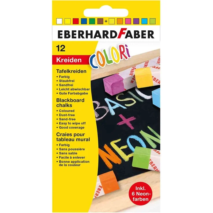 Eberhard Faber 526012 - Colori Wandtafel-Kreiden in 6 Basic und 6 Neon-Farben, im Kartonetui, leicht abwischbare Tafel-Kreide, staubfrei, für Schule und Freizeit – Bild 1