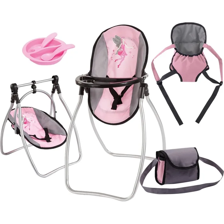 Bayer Design 63608AB, Puppenzubehör, Puppenhochstuhl, Puppentrage, Puppenwiege, mit Tasche, rosa/grau