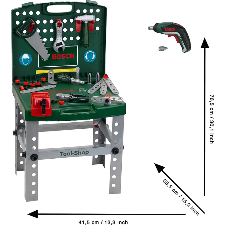 Theo Klein 8676 Tool Shop I Mit batteriebetriebenem Bosch Akkuschrauber Ixolino I Zusammenklappbar und leicht transportabel I Maße: 41,5 cm x 8,5 cm 76,5 cm I Spielzeug für Kinder ab 3 Jahren – Bild 5