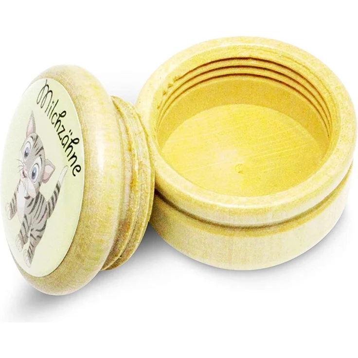 Milchzahndose, Zahndose Milchzähne Bilderdose mit diversen Motiven aus Holz für Jungen und Mädchen mit Drehverschluss 44 mm (Katze) – Bild 2