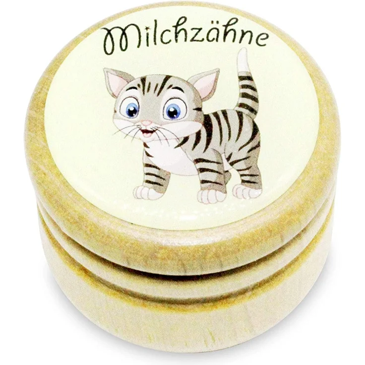 Milchzahndose, Zahndose Milchzähne Bilderdose mit diversen Motiven aus Holz für Jungen und Mädchen mit Drehverschluss 44 mm (Katze) – Bild 1