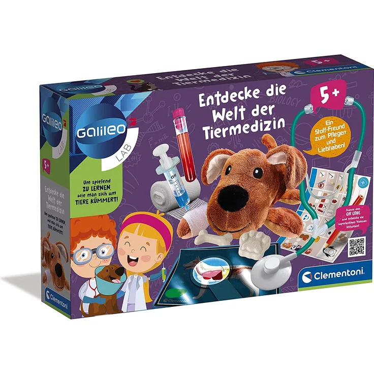 Clementoni Galileo 'Entdecke die Welt der Tiermedizin', Rollenspielzeug, ab 5 Jahren, inkl. Stofftier, Stethoskop, Verbandszeug, Mullbinden und Halsband