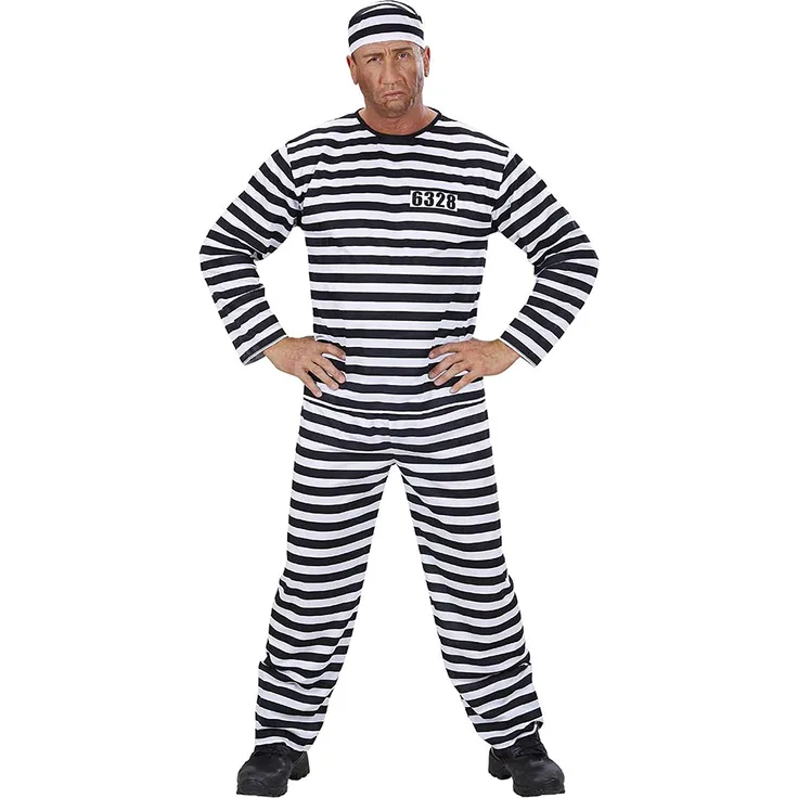 Widmann - Erwachsenenkostüm Häftling, Oberteil mit Hose und Kopfbedeckung, Gefangener, Sträfling, Fasching, Karneval, Halloween, Mottoparty