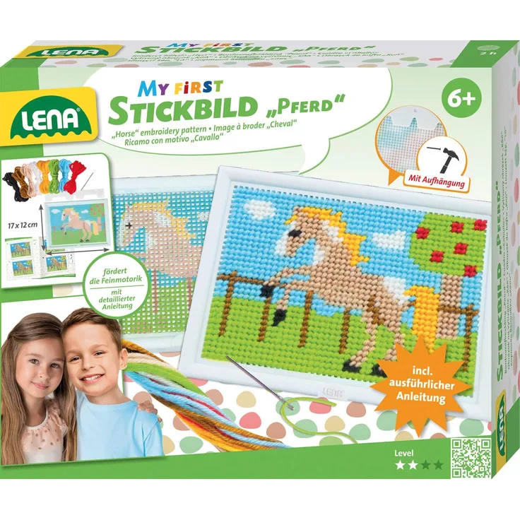 Lena 42625 - Bastelset Stickbild Pferd, Komplettset mit Stickrahmen, stumpfer Nadel aus Metall, Wollgarn, Stickgitter mit Vordruck und Anleitung, Stickset für Kinder ab 6 Jahre, Set zum Sticken lernen