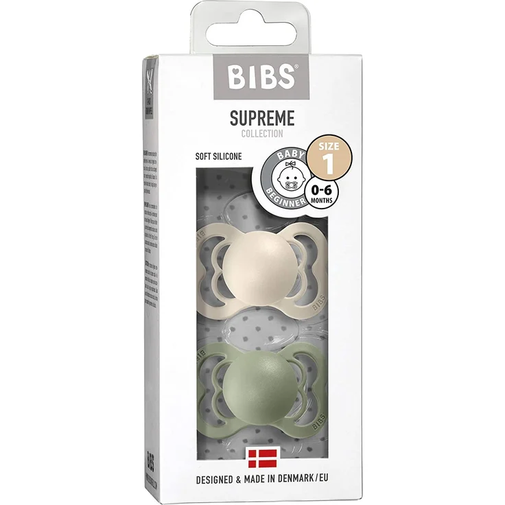 BIBS Supreme Schnuller 2er-Pack, BPA-frei, Symmetrischer Nippel. Silikon, Hergestellt in Dänemark. 0-6 Monate (2er Pack), Ivory / Sage – Bild 3