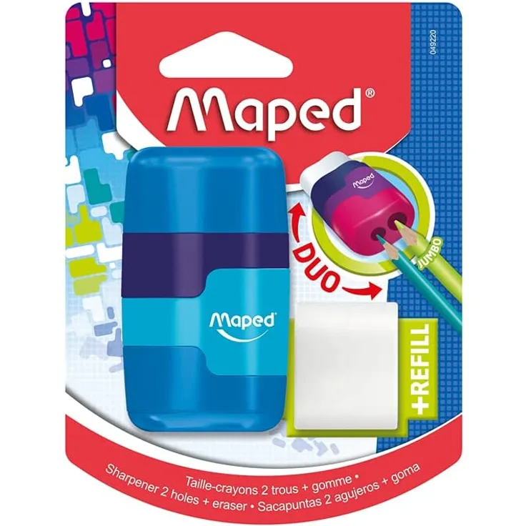 Maped - 2in1 Radier/ Anspitzer CONNECT, 2-Loch für dicke und dünne Stifte, nachfüllbar, inkl. Ersatz-Radierer - grün, blau, pink - zufällige Farbauswahl