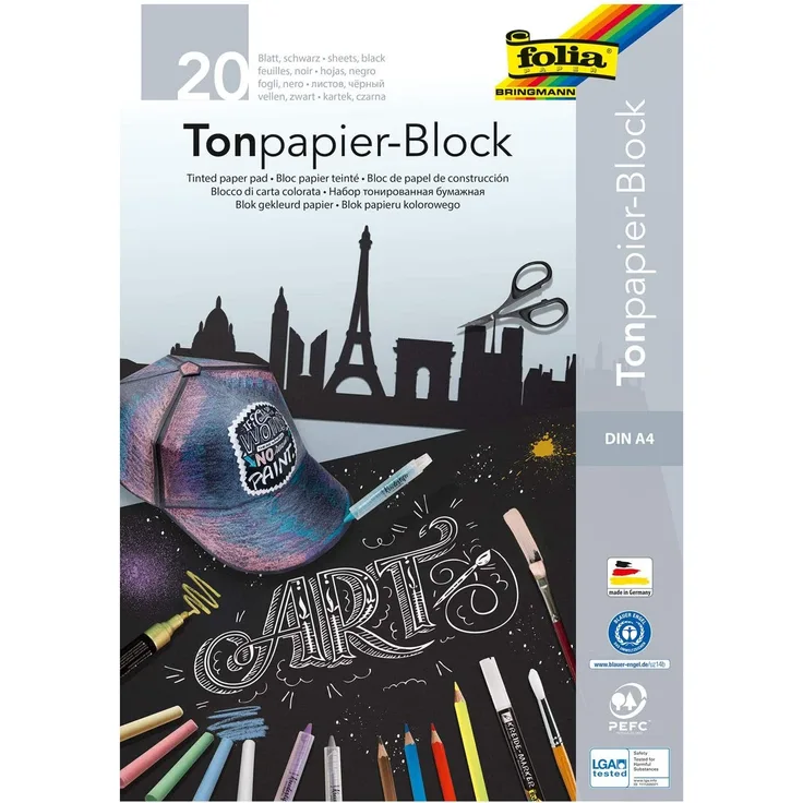 folia 197 - Tonpapierblock, schwarzes Zeichenpapier, DIN A4, 20 Blatt 130g/m², Block mit Kopfleimung, ideal für helle Farben wie Kreide, Speckstein