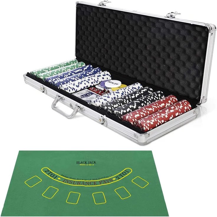 COSTWAY Pokerset Pokerkoffer 500 Laser-Chips Alukoffer Alu Pokerkoffer + Tuch + 2 Pokerdecks
