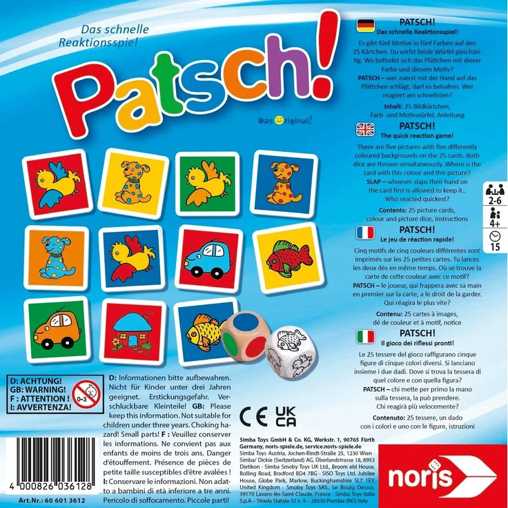Noris 606013612 Patsch, das schnelle Reaktionsspiel mit 25 Bildkärtchen und einem Würfel, Lernspiel für Kinder ab 4 Jahren - Preisvergleich – Bild 2