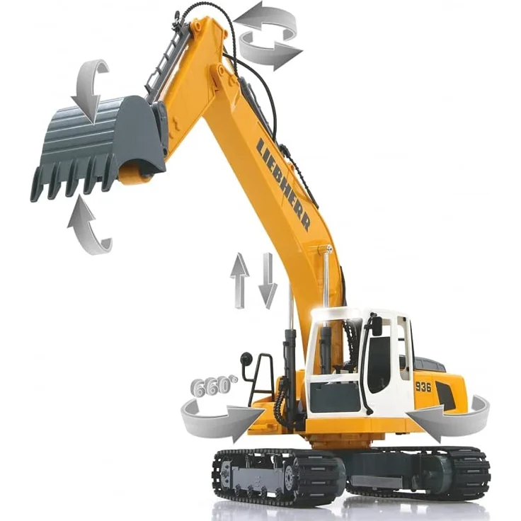 Jamara 405060 - Bagger Liebherr R936 1:20 2,4G - realistische Funktionen (entladen/ aufladen), jedes Gelenk einzeln steuerbar, 660 ° Turmdrehung, Metallschaufel, Motorsound, Hupe, Rückfahrwarnsound – Bild 7