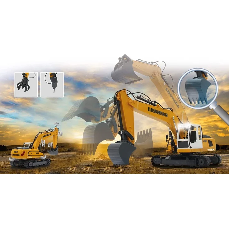 Jamara 405060 - Bagger Liebherr R936 1:20 2,4G - realistische Funktionen (entladen/ aufladen), jedes Gelenk einzeln steuerbar, 660 ° Turmdrehung, Metallschaufel, Motorsound, Hupe, Rückfahrwarnsound – Bild 4