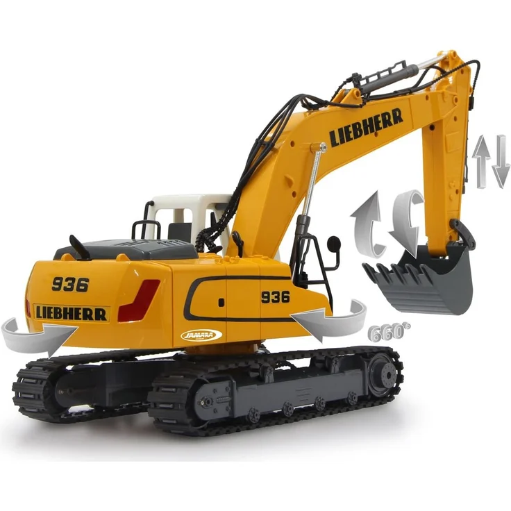 Jamara 405060 - Bagger Liebherr R936 1:20 2,4G - realistische Funktionen (entladen/ aufladen), jedes Gelenk einzeln steuerbar, 660 ° Turmdrehung, Metallschaufel, Motorsound, Hupe, Rückfahrwarnsound – Bild 5