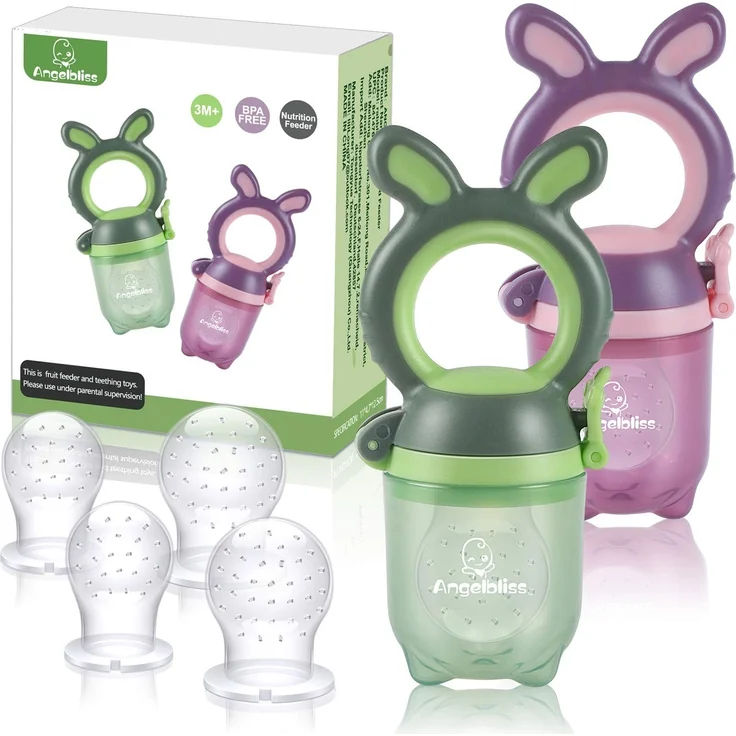 ANGELBLISS Fruchtsauger Baby/Schnuller, Schätzchen Schnuller Obst Gemüse Sauger für 3-24 Monate, 6 Silikonbeutel in 3 Größen, Beißspielzeug, BPA-frei (2 Stück) – Bild 1