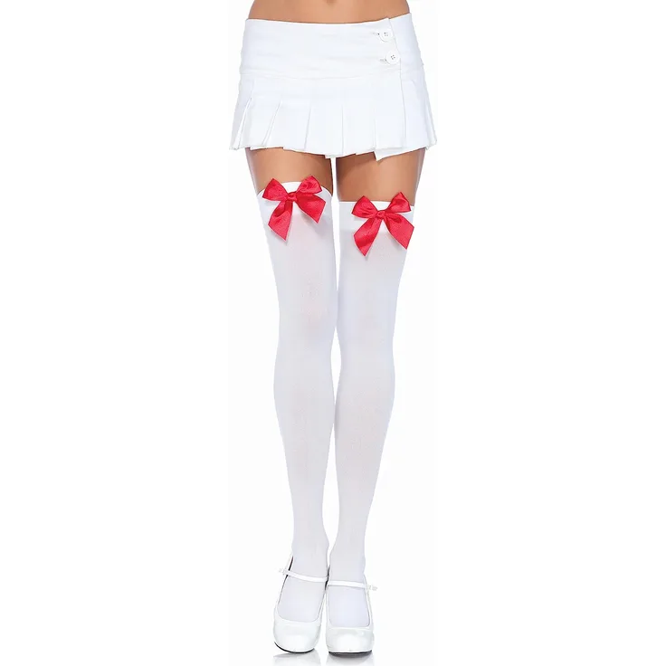 LEG AVENUE 6255 - Blickdichte Nylon Overknee Mit Satin Schleife, Einheitsgröße (EUR 36-40), weiß/rot, Damen Karneval Kostüm Fasching