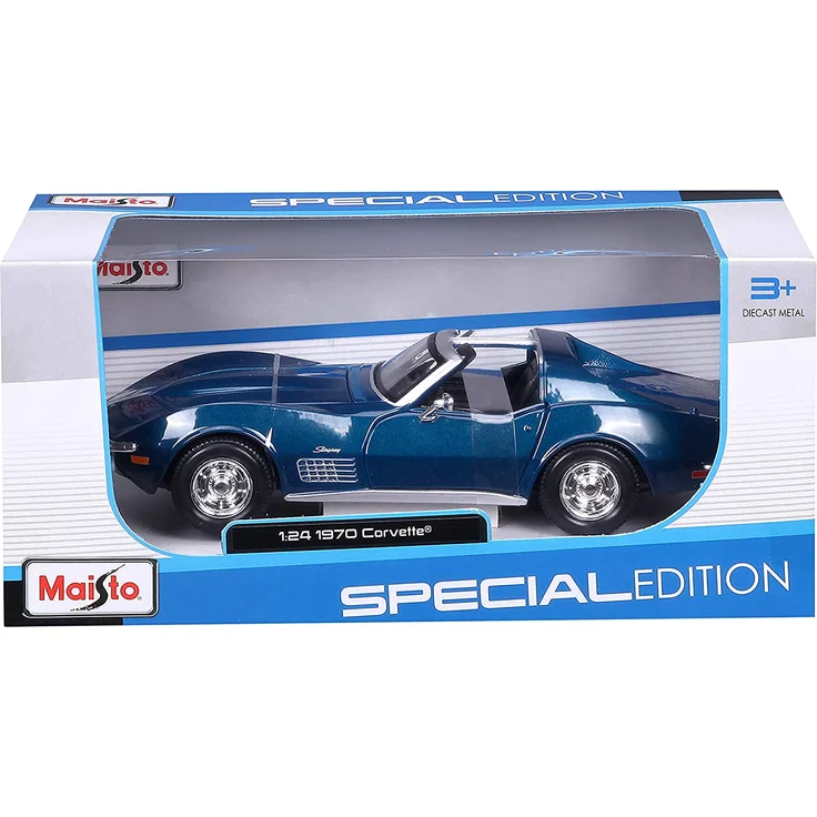 Maisto Chevrolet Corvette '70: Originalgetreues Modellauto 1:24, Türen und Motorhaube zum Öffnen, Fertigmodell, 20 cm, blau (531202) – Bild 7