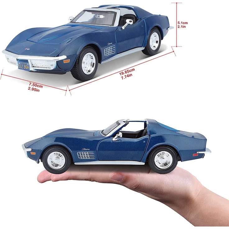 Maisto Chevrolet Corvette '70: Originalgetreues Modellauto 1:24, Türen und Motorhaube zum Öffnen, Fertigmodell, 20 cm, blau (531202) – Bild 6