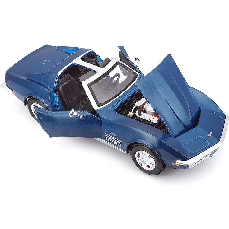 Maisto Chevrolet Corvette '70: Originalgetreues Modellauto 1:24, Türen und Motorhaube zum Öffnen, Fertigmodell, 20 cm, blau (531202) – Bild 4