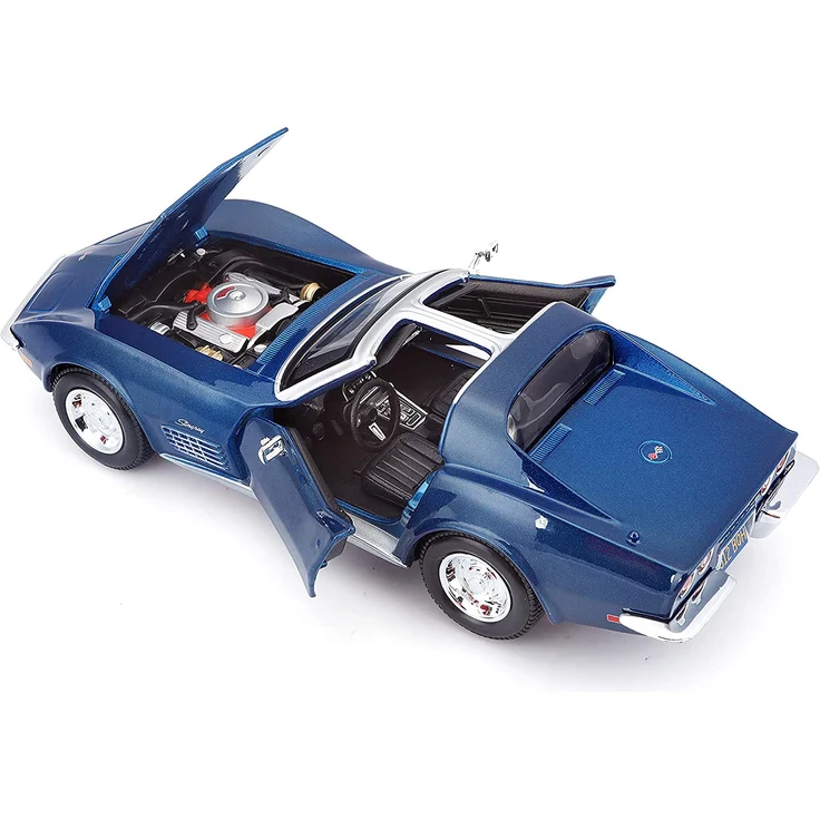 Maisto Chevrolet Corvette '70: Originalgetreues Modellauto 1:24, Türen und Motorhaube zum Öffnen, Fertigmodell, 20 cm, blau (531202) – Bild 5