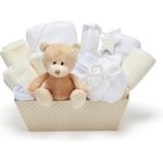 Neuer Babyparty Geschenkkorb - mit Fleece, Kapuzenhandtuch, Babykleidung, 2 Mulltüchern und süßem braunem Teddybär