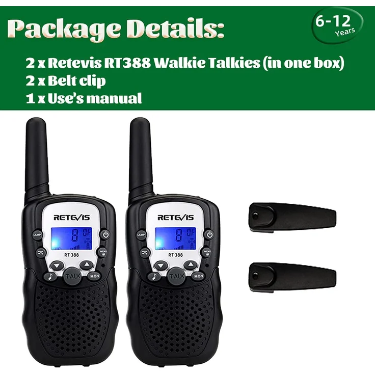 Retevis RT388 Walkie Talkie Kinder,Funkgerät große Reichweite Spielzeug für 3-12 Jahren Junge,8 Kanäle VOX Taschenlampe,Geschenke für Radfahren,Camping (1 Paar, Schwarz) – Bild 7