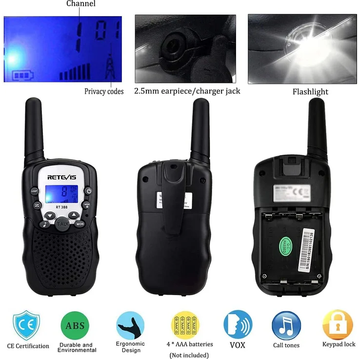 Retevis RT388 Walkie Talkie Kinder,Funkgerät große Reichweite Spielzeug für 3-12 Jahren Junge,8 Kanäle VOX Taschenlampe,Geschenke für Radfahren,Camping (1 Paar, Schwarz) – Bild 3