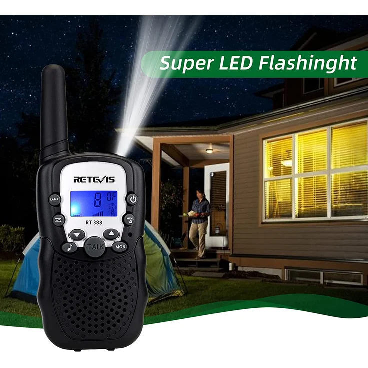 Retevis RT388 Walkie Talkie Kinder,Funkgerät große Reichweite Spielzeug für 3-12 Jahren Junge,8 Kanäle VOX Taschenlampe,Geschenke für Radfahren,Camping (1 Paar, Schwarz) – Bild 6