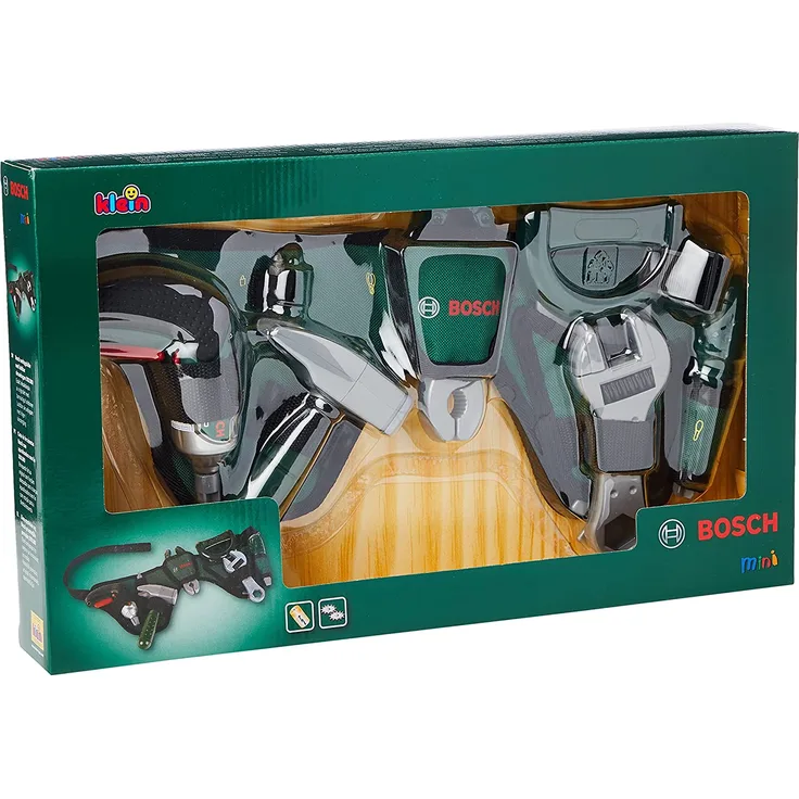 Theo Klein 8493 Bosch Werkzeuggürtel I Mit batteriebetriebenem Akkuschrauber Ixolino und zahlreichem Werkzeug I Maße: 76 cm x 24 cm x 4,5 cm I Spielzeug für Kinder ab 3 Jahren