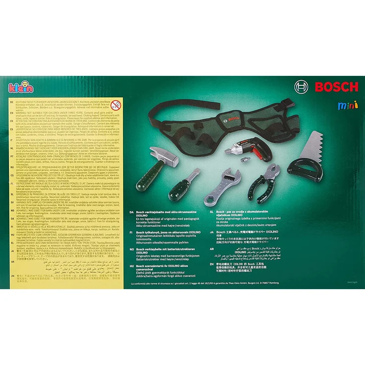 Theo Klein 8493 Bosch Werkzeuggürtel I Mit batteriebetriebenem Akkuschrauber Ixolino und zahlreichem Werkzeug I Maße: 76 cm x 24 cm x 4,5 cm I Spielzeug für Kinder ab 3 Jahren – Bild 2
