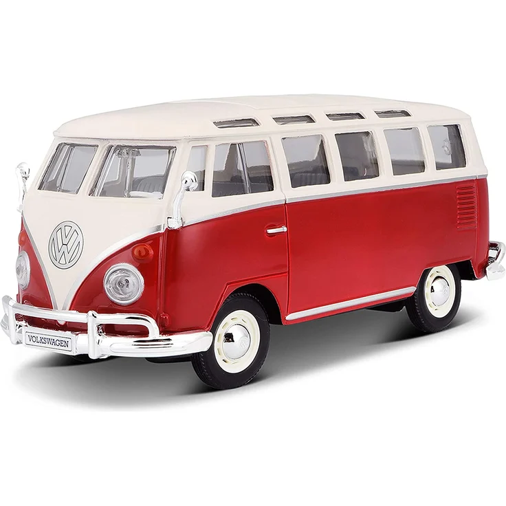 Maisto VW Bus Samba: Originalgetreues Modellauto VW T1 mit Vordertür zum Öffnen, Maßstab 1:25, Fertigmodell, rot-weiß (531956) – Bild 1