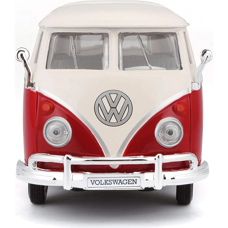 Maisto VW Bus Samba: Originalgetreues Modellauto VW T1 mit Vordertür zum Öffnen, Maßstab 1:25, Fertigmodell, rot-weiß (531956) – Bild 2