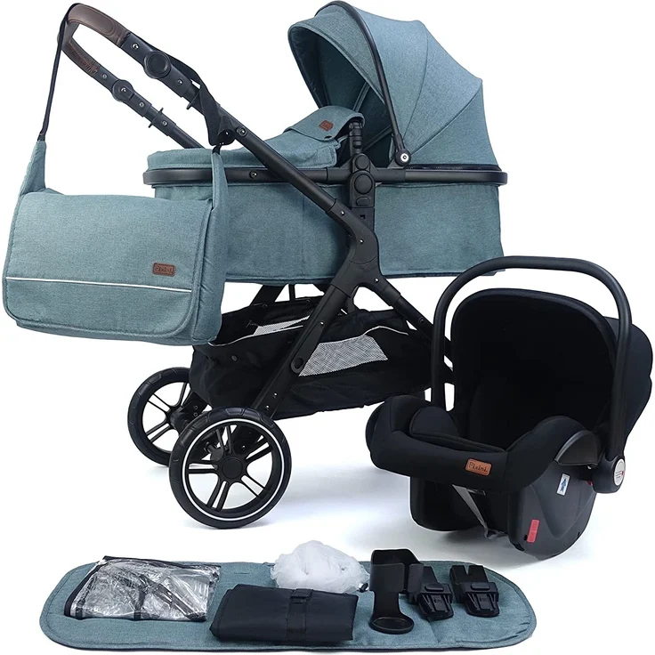Pixini Kinderwagen Nelio 3in1 schwarz / mystic mint (inkl. Autositz, Regenplane, Wickeltasche,. ) – Bild 1