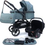 Pixini Kinderwagen Nelio 3in1 schwarz / mystic mint (inkl. Autositz, Regenplane, Wickeltasche,. )