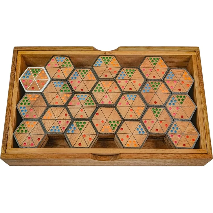 Hexadomino für 2 bis 6 Spieler - mit 63 Spielsteinen in einem Holzkasten