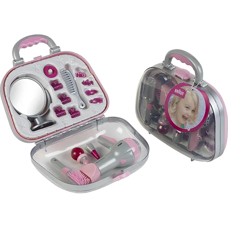 Theo Klein 5855 Frisierkoffer mit Braun Haartrockner I Mit Spiegel, Kamm und viel Styling-Zubehör I Robuster Koffer mit batteriebetriebenem Fön I Maße: 27,5 cm x 11 cm x 22,2 cm