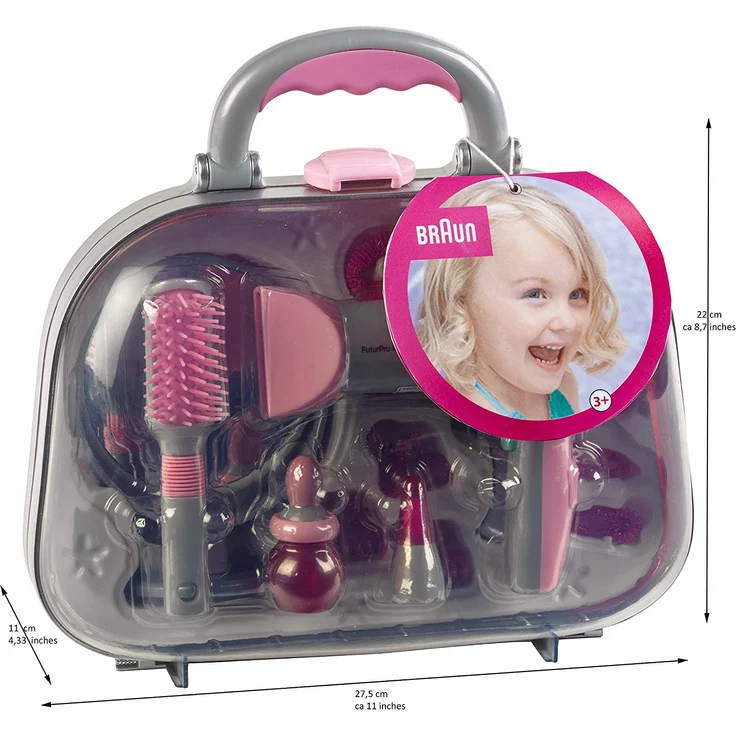 Theo Klein 5855 Frisierkoffer mit Braun Haartrockner I Mit Spiegel, Kamm und viel Styling-Zubehör I Robuster Koffer mit batteriebetriebenem Fön I Maße: 27,5 cm x 11 cm x 22,2 cm – Bild 4