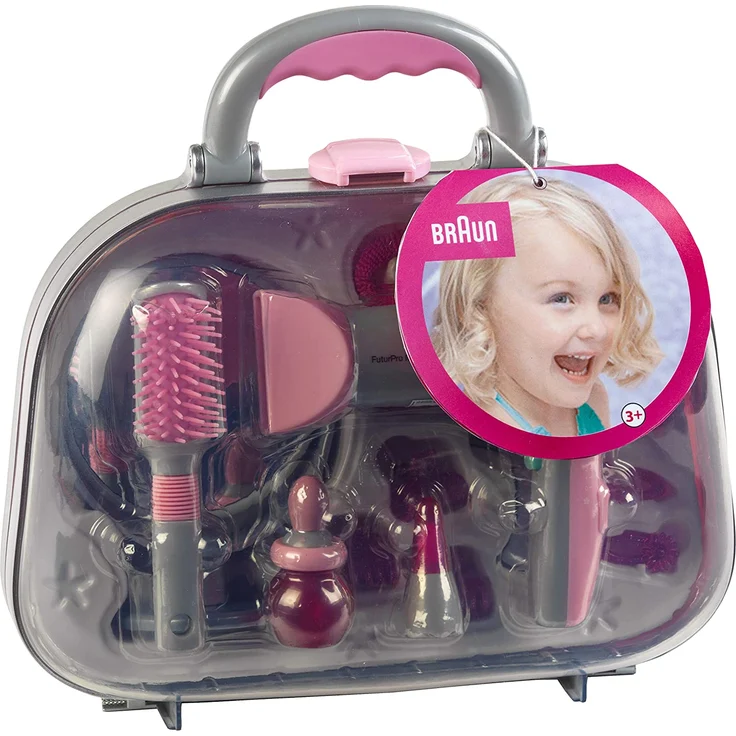 Theo Klein 5855 Frisierkoffer mit Braun Haartrockner I Mit Spiegel, Kamm und viel Styling-Zubehör I Robuster Koffer mit batteriebetriebenem Fön I Maße: 27,5 cm x 11 cm x 22,2 cm – Bild 3