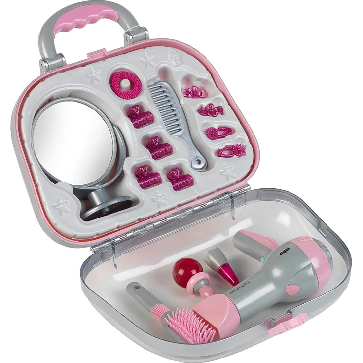 Theo Klein 5855 Frisierkoffer mit Braun Haartrockner I Mit Spiegel, Kamm und viel Styling-Zubehör I Robuster Koffer mit batteriebetriebenem Fön I Maße: 27,5 cm x 11 cm x 22,2 cm – Bild 2