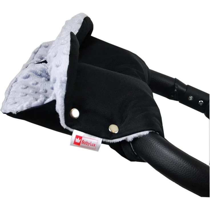 BABYLUX MUFF Handmuff PLÜSCH Handwärmer für Kinderwagen Buggy Handschuh 2 Stück (3. Schwarz + Minky Grau) – Bild 2