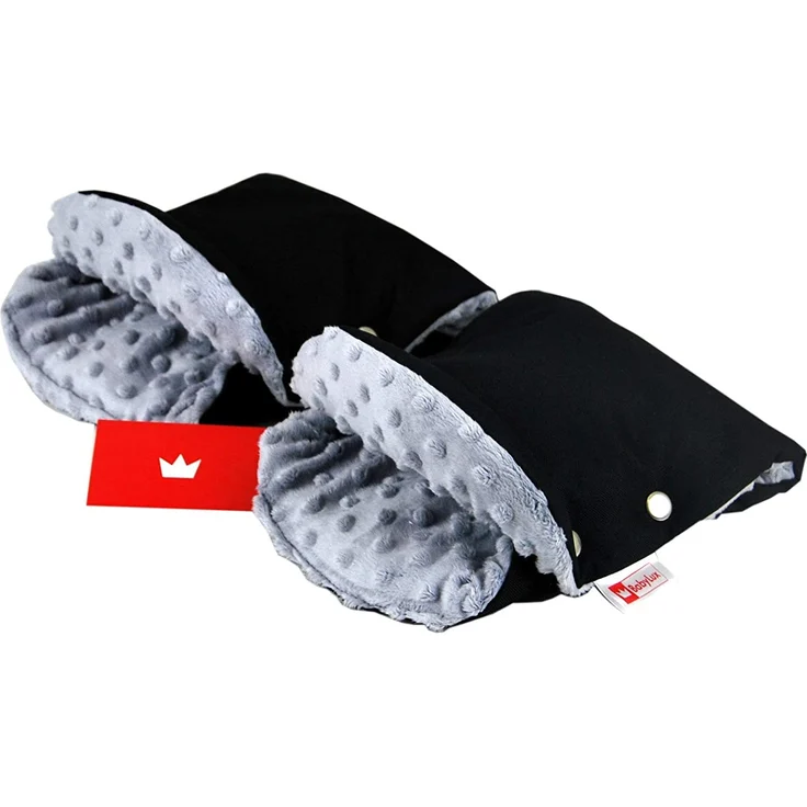 BABYLUX MUFF Handmuff PLÜSCH Handwärmer für Kinderwagen Buggy Handschuh 2 Stück (3. Schwarz + Minky Grau) – Bild 1