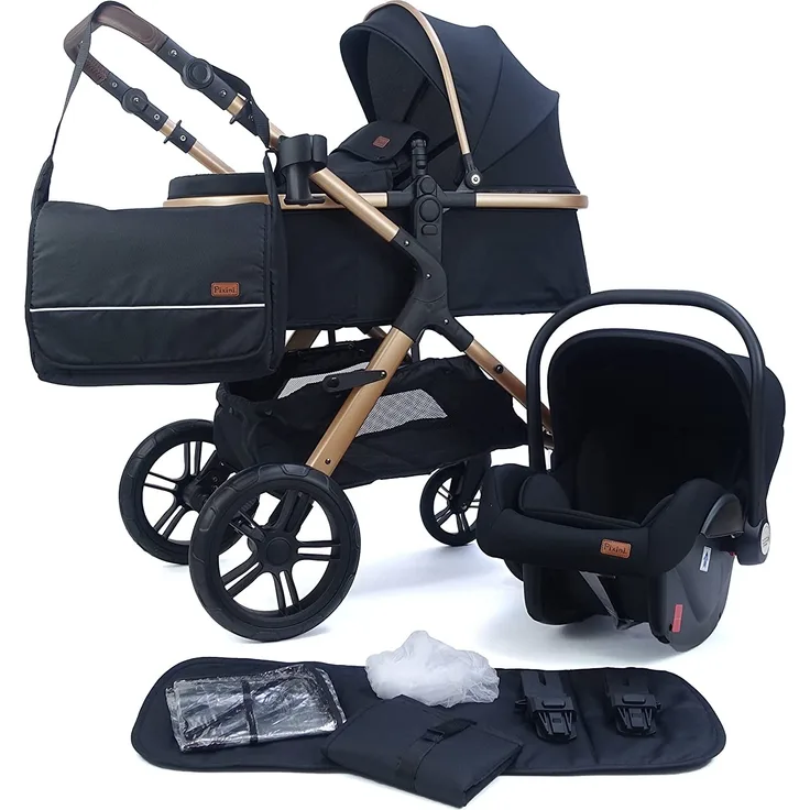 Pixini Kinderwagen Nelio 3in1 gold / oxford schwarz 12" (inkl. Autositz, Regenplane, Wickeltasche,. )