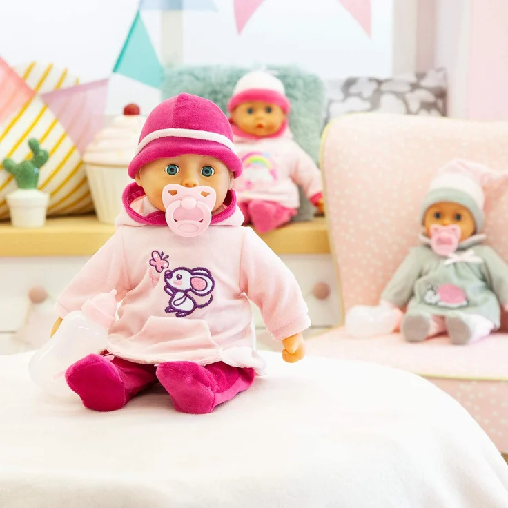 Bayer Design 93824BD Babypuppe First Words mit Schlafaugen, 24 Babylaute, 38 cm, pink, rosa mit Maus – Bild 5