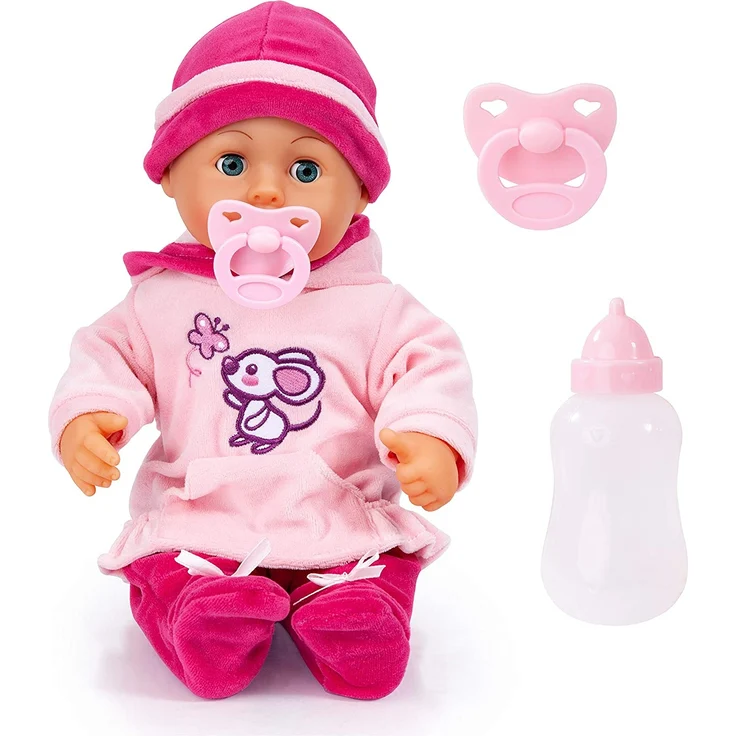 Bayer Design 93824BD Babypuppe First Words mit Schlafaugen, 24 Babylaute, 38 cm, pink, rosa mit Maus – Bild 1