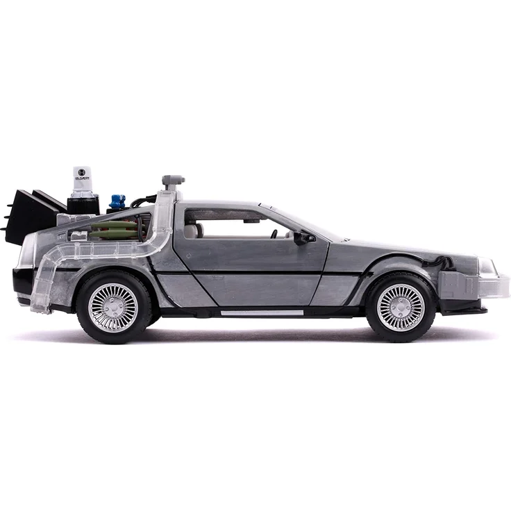 Jada Toys Time Machine Back to the Future 2, Zurück in die Zukunft 2, Spielzeugauto aus Die-cast, Türen, Motorhaube, Kofferraum zum Öffnen, drehende Räder, Licht, inkl. Batterien, Maßstab 1:24, silber – Bild 7