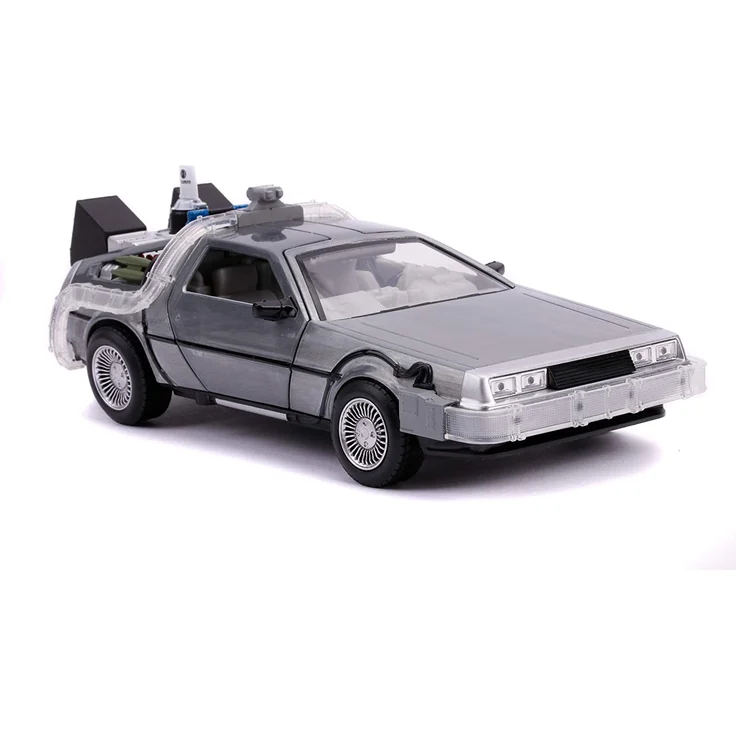 Jada Toys Time Machine Back to the Future 2, Zurück in die Zukunft 2, Spielzeugauto aus Die-cast, Türen, Motorhaube, Kofferraum zum Öffnen, drehende Räder, Licht, inkl. Batterien, Maßstab 1:24, silber – Bild 4