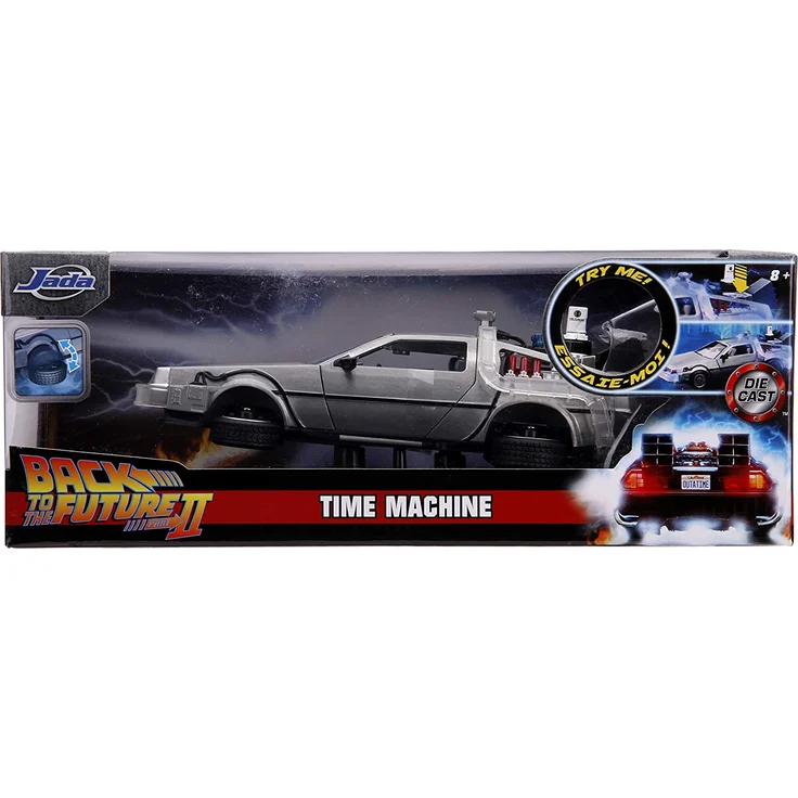 Jada Toys Time Machine Back to the Future 2, Zurück in die Zukunft 2, Spielzeugauto aus Die-cast, Türen, Motorhaube, Kofferraum zum Öffnen, drehende Räder, Licht, inkl. Batterien, Maßstab 1:24, silber – Bild 12