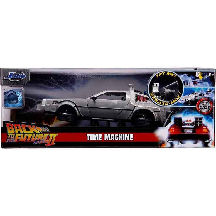 Jada Toys Time Machine Back to the Future 2, Zurück in die Zukunft 2, Spielzeugauto aus Die-cast, Türen, Motorhaube, Kofferraum zum Öffnen, drehende Räder, Licht, inkl. Batterien, Maßstab 1:24, silber – Bild 5