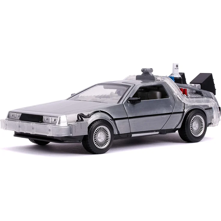 Jada Toys Time Machine Back to the Future 2, Zurück in die Zukunft 2, Spielzeugauto aus Die-cast, Türen, Motorhaube, Kofferraum zum Öffnen, drehende Räder, Licht, inkl. Batterien, Maßstab 1:24, silber – Bild 1