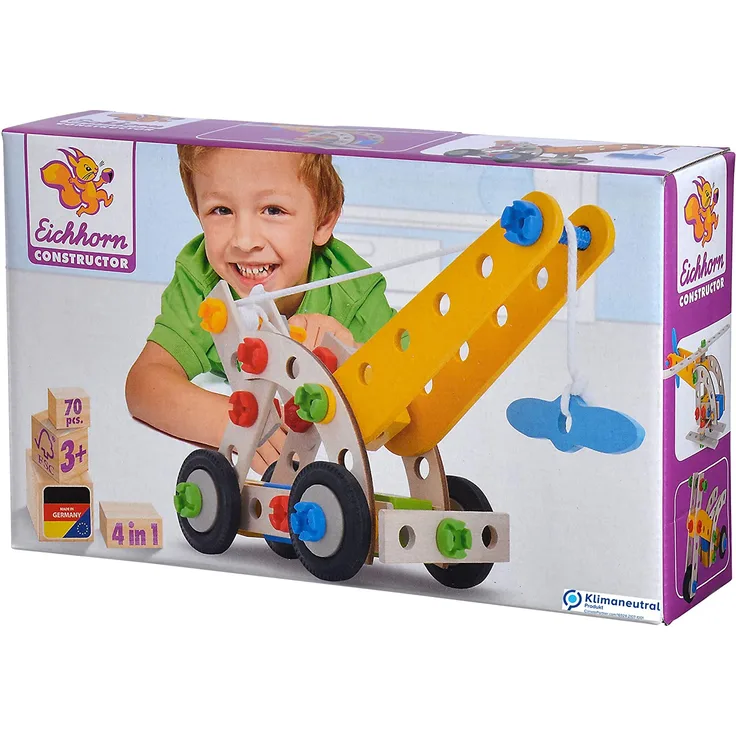 Eichhorn 100039022 - Constructor Kranwagen, 70-tlg., Holz-Konstruktions-Set, 4 verschiedene Modellvarianten baubar, FSC 100% Zertifiziertes Buchenholz, Made in Germany