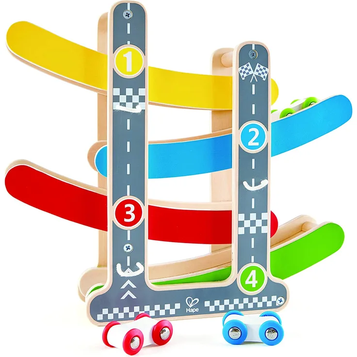 Hape Flickflack-Rennbahn, inkl. DREI Autos, Autorennbahn aus Holz, ab 18 Monate